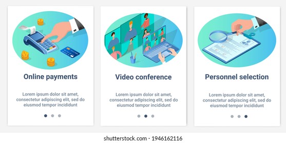 Modern flat illustrations in the form of a slider for web design. A set of UI and UX interfaces for the user interface.Online payments, video conferences, and recruitment.