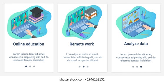 Modern flat illustrations in the form of a slider for web design. A set of UI and UX interfaces for the user interface.Online education, remote work, and data analysis.