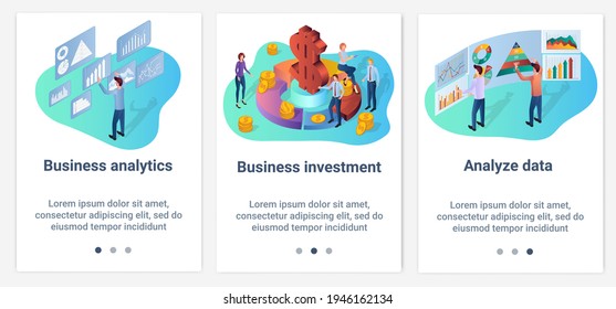 Modern flat illustrations in the form of a slider for web design. A set of UI and UX interfaces for the user interface.Business analytics, investment, and data analysis.