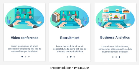 Modern flat illustrations in the form of a slider for web design. A set of UI and UX interfaces for the user interface.Business analytics, video conferences, and recruitment.