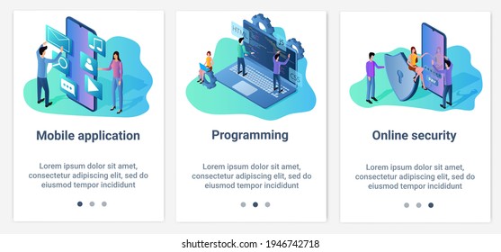 Modern flat illustrations in the form of a slider for web design. A set of UI and UX interfaces for the user interface.Mobile applications, programming, and online security.
