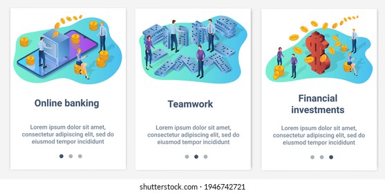 Modern flat illustrations in the form of a slider for web design. A set of UI and UX interfaces for the user interface.Online banking,teamwork, and financial investment.