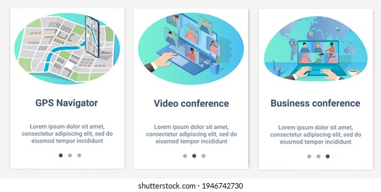 Modern flat illustrations in the form of a slider for web design. A set of UI and UX interfaces for the user interface.GPS navigation and business conference.