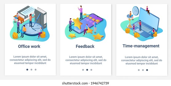 Modern flat illustrations in the form of a slider for web design. A set of UI and UX interfaces for the user interface.Office work, feedback, and time management.