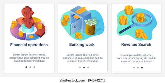 Modern flat illustrations in the form of a slider for web design. A set of UI and UX interfaces for the user interface.Income search,financial investments, and banking work.