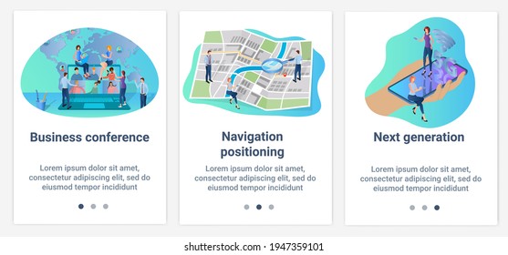 Modern flat illustrations in the form of a slider for web design. A set of UI and UX interfaces for the user interface.Business conference, GPS navigation.