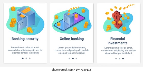 Modern flat illustrations in the form of a slider for web design. A set of UI and UX interfaces for the user interface.Secure online banking and financial investments.