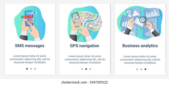 Moderne flache Illustrationen in Form eines Schiebereglers für Webdesign. Eine Reihe von UI- und UX-Schnittstellen für die Benutzeroberfläche.SMS, GPS-Navigation und Unternehmensanalyse.