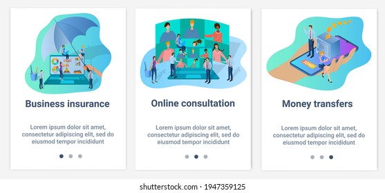 Ilustraciones planas modernas en forma de deslizador para el diseño web. Un conjunto de interfaces UI y UX para la interfaz de usuario.Seguro comercial, consultas en línea y transferencias de dinero.