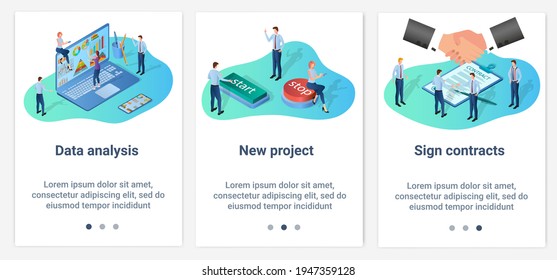 Modern flat illustrations in the form of a slider for web design. A set of UI and UX interfaces for the user interface.Data analysis,new project, and contract signing.