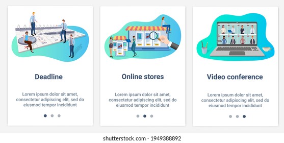 Modern flat illustrations in the form of a slider for web design. A set of UI and UX interfaces for the user interface.Deadline,online store, and video conference.