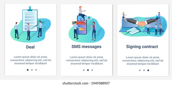 Modern flat illustrations in the form of a slider for web design. A set of UI and UX interfaces for the user interface.Transaction,CMC message, and contract signing.