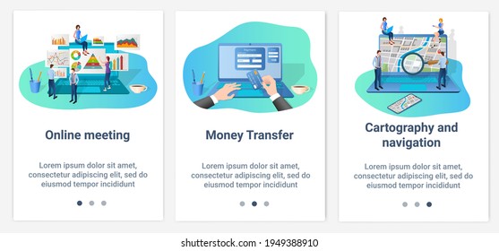 Modern flat illustrations in the form of a slider for web design. A set of UI and UX interfaces for the user interface.Online meeting,money transfers and GPS navigation.
