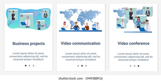 Modern flat illustrations in the form of a slider for web design. A set of UI and UX interfaces for the user interface.Business project, video communication.