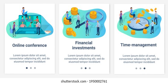 Modern flat illustrations in the form of a slider for web design. A set of UI and UX interfaces for the user interface.Financial investments, online conferences, and time management.