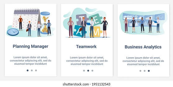 Modern flat illustrations in the form of a slider for web design. A set of UI and UX interfaces for the user interface.Planning manager, teamwork and business analytics.