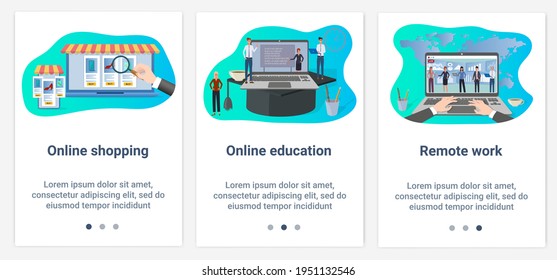 Modern flat illustrations in the form of a slider for web design. A set of UI and UX interfaces for the user interface.Online store,online education, and remote work.