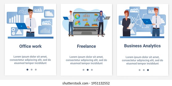 Ilustraciones planas modernas en forma de deslizador para el diseño web. Conjunto de interfaces UI y UX para la interfaz de usuario.Office trabajo y freelance.