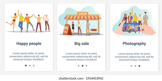 Modern flat illustrations in the form of a slider for web design. A set of UI and UX interfaces for the user interface.Happy people, big sale, and photos.