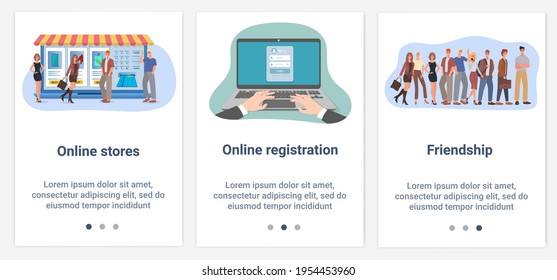 Ilustraciones planas modernas en forma de deslizador para el diseño web. Un conjunto de interfaces UI y UX para la interfaz de usuario.Tienda en línea, registro en línea y amistad.