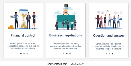 Modern flat illustrations in the form of a slider for web design. A set of UI and UX interfaces for the user interface.Topic Financial control, business negotiations, question and answer.