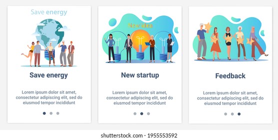 Modern flat illustrations in the form of a slider for web design. A set of UI and UX interfaces for the user interface.The topic is Energy conservation, a new startup and feedback.