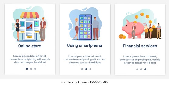Modern flat illustrations in the form of a slider for web design. A set of UI and UX interfaces for the user interface.Topic Smartphone usage,online store,financial services.