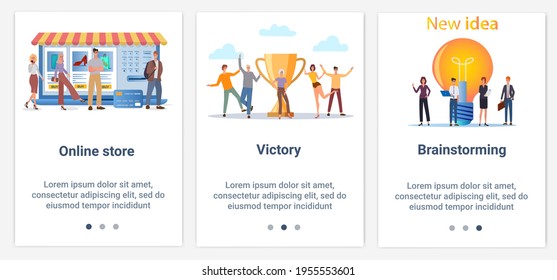 Modern flat illustrations in the form of a slider for web design. A set of UI and UX interfaces for the user interface.Theme Online store, victory and brainstorming.