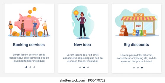 Modern flat illustrations in the form of a slider for web design. A set of UI and UX interfaces for the user interface.The theme is Banking service, a new idea and big discounts.