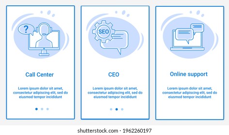 Modern flat illustrations in the form of a slider for web design. A set of UI and UX interfaces for the user interface.Topic Call Center, CEO, and Online support.