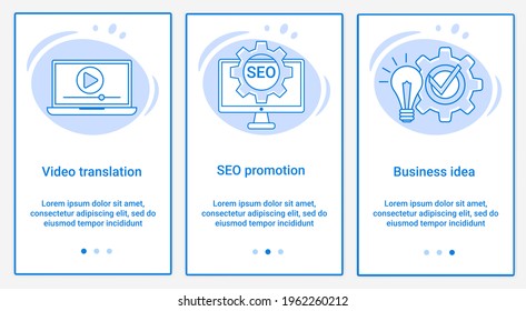 Modern flat illustrations in the form of a slider for web design. A set of UI and UX interfaces for the user interface.The topic of the Video broadcast, SEO promotion and business ideas.