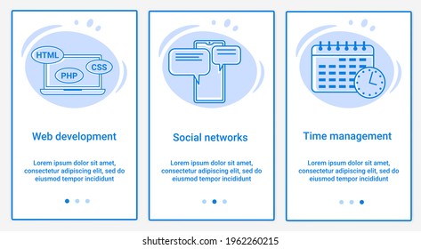 Modern flat illustrations in the form of a slider for web design. A set of UI and UX interfaces for the user interface.The topic is Web development, social networks and time management.