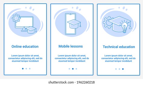 Moderne flache Illustrationen in Form eines Schiebereglers für Webdesign. Eine Reihe von UI- und UX-Schnittstellen für die Benutzeroberfläche.Das Thema ist Online-Schulung, Mobile Unterricht und technische Ausbildung.