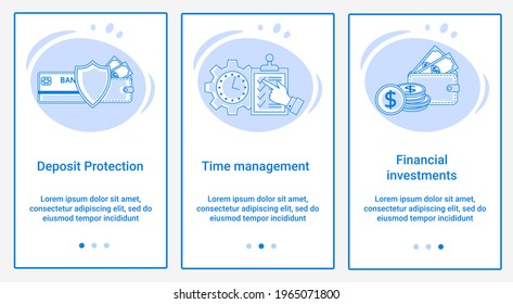 Modern flat illustrations in the form of a slider for web design. A set of UI and UX interfaces for the user interface.Topic Deposit Protection,Time management and Financial investments.