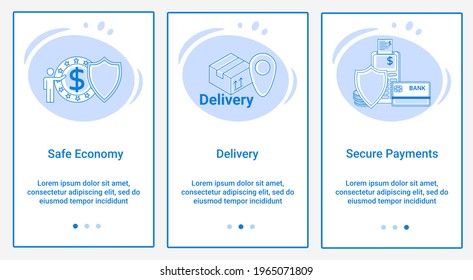Modern flat illustrations in the form of a slider for web design. A set of UI and UX interfaces for the user interface.The topic is Safe Economy, Delivery and Secure Payments.