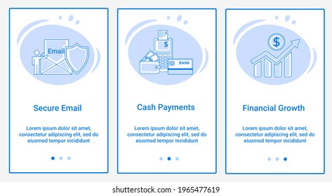 Modern flat illustrations in the form of a slider for web design. A set of UI and UX interfaces for the user interface.The topic is Secure Email,Cash Payments, and Financial Growth.