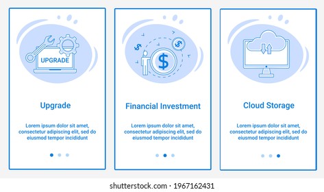 Moderne flache Illustrationen in Form eines Schiebereglers für Webdesign. Eine Reihe von UI- und UX-Schnittstellen für die Benutzeroberfläche.Das Thema ist Upgrade, finanzielle Investitionen und Cloud-Speicher.