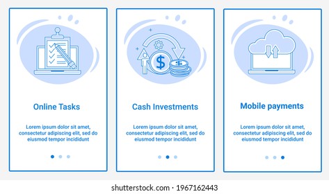 Modern flat illustrations in the form of a slider for web design. A set of UI and UX interfaces for the user interface.The topic is Online Tasks, Cash Investments, and Cloud Downloads.