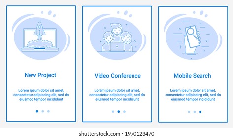Modern flat illustrations in the form of a slider for web design. A set of UI and UX interfaces for the user interface.Topic New Project, Video Conference and Mobile Search.