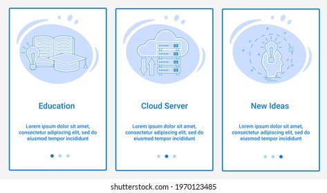 Modern flat illustrations in the form of a slider for web design. A set of UI and UX interfaces for the user interface.The topic is Education, Cloud Server, and New Ideas.
