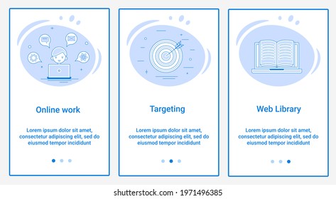 Modern flat illustrations in the form of a slider for web design. A set of UI and UX interfaces for the user interface.Topic Online work, Targeting and Web Library.