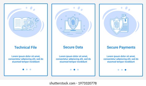 Modern flat illustrations in the form of a slider for web design. A set of UI and UX interfaces for the user interface.Subject Technical File,Secure Data and Secure Payments.