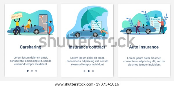 Modern flat illustrations in the form of a\
slider for web design. A set of UI and UX interfaces for the user\
interface.Topic Carsharing and car\
insurance.