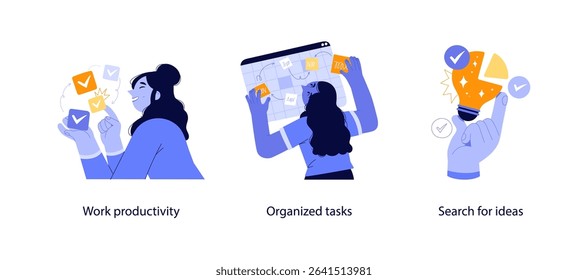 Modern flat illustrations showing productivity, task planning on digital boards, and generating innovative ideas with checkmark icons.