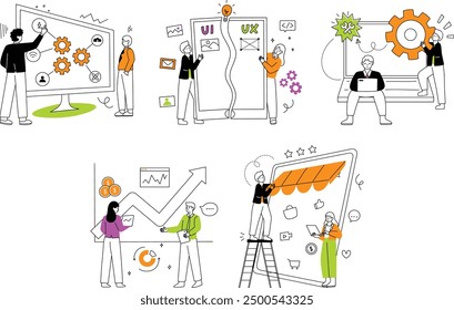 Ilustraciones modernas de trabajo en equipo en negocios y Tecnología para proyectos innovadores y colaborativos