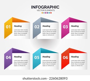 Plantilla moderna de diseño de infografía plana. Ilustración vectorial simple para la presentación empresarial.
Seis cuadros de texto rectangulares de colores. Concepto de modelo de negocio con 6 pasos sucesivos. 
