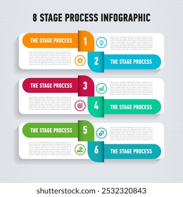 Modern flat infographic design template. Simple vector illustration for business. Six numbered rectangular paper frames placed in horizontal row. Concept of 6 stages of marketing strategy.