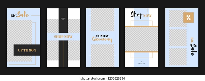 Modern flat Instagram stories template, for blog and sales, web online shopping banner concept.Minimalistic geometric trendy sale app screens, ready to use button Shop Now