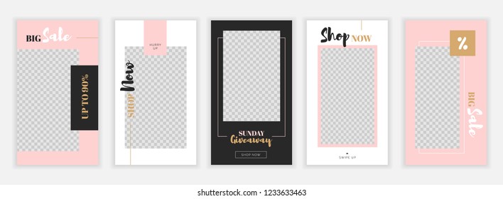 Modern flat Instagram stories template, for blog and sales, web online shopping banner concept.Minimalistic geometric trendy sale app screens, ready to use button Shop Now