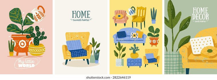 Modern flat interior illustration set showing cozy living room scenes with armchairs, sofas, plants, books, shelves, cushions, framed art, and warm pastel decorative details